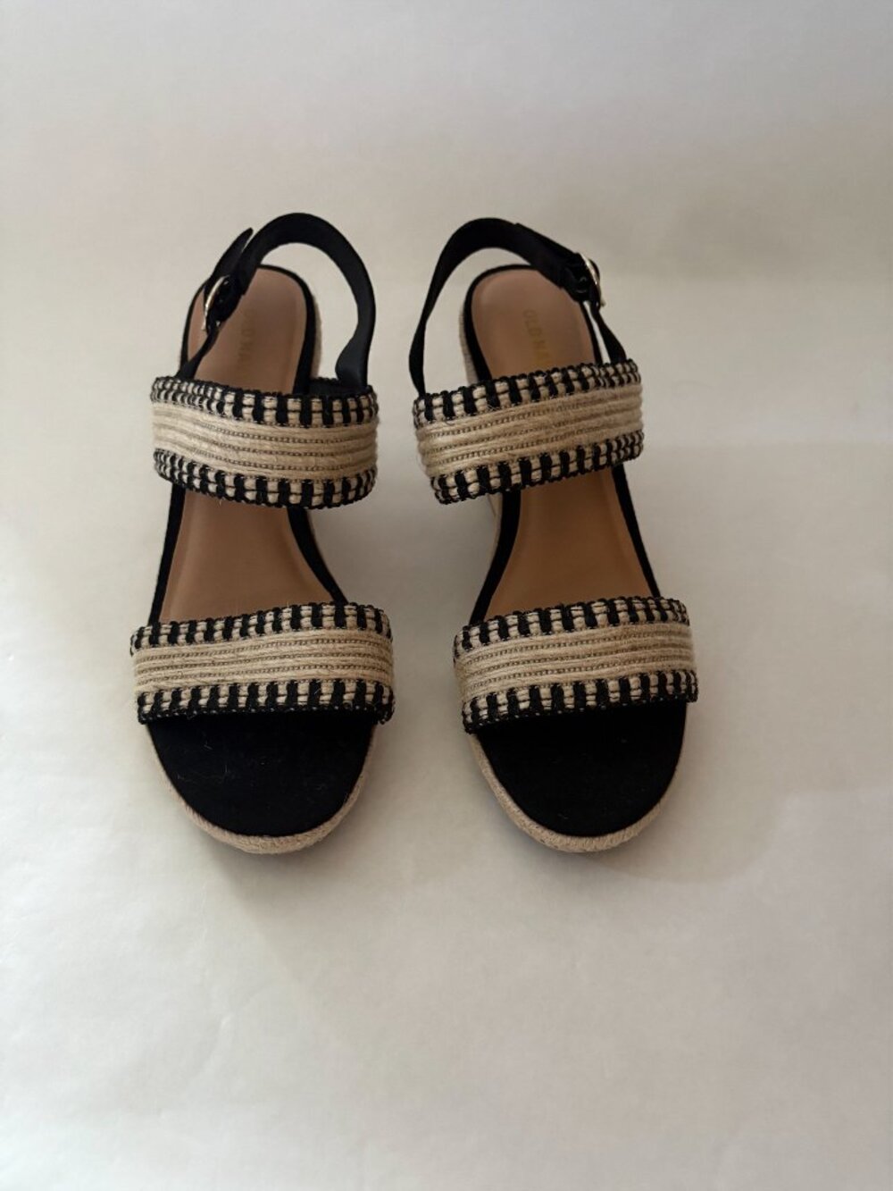 New Boho Black Beige Woven Heeled Wedges Sandals Ankle Strap Size 9